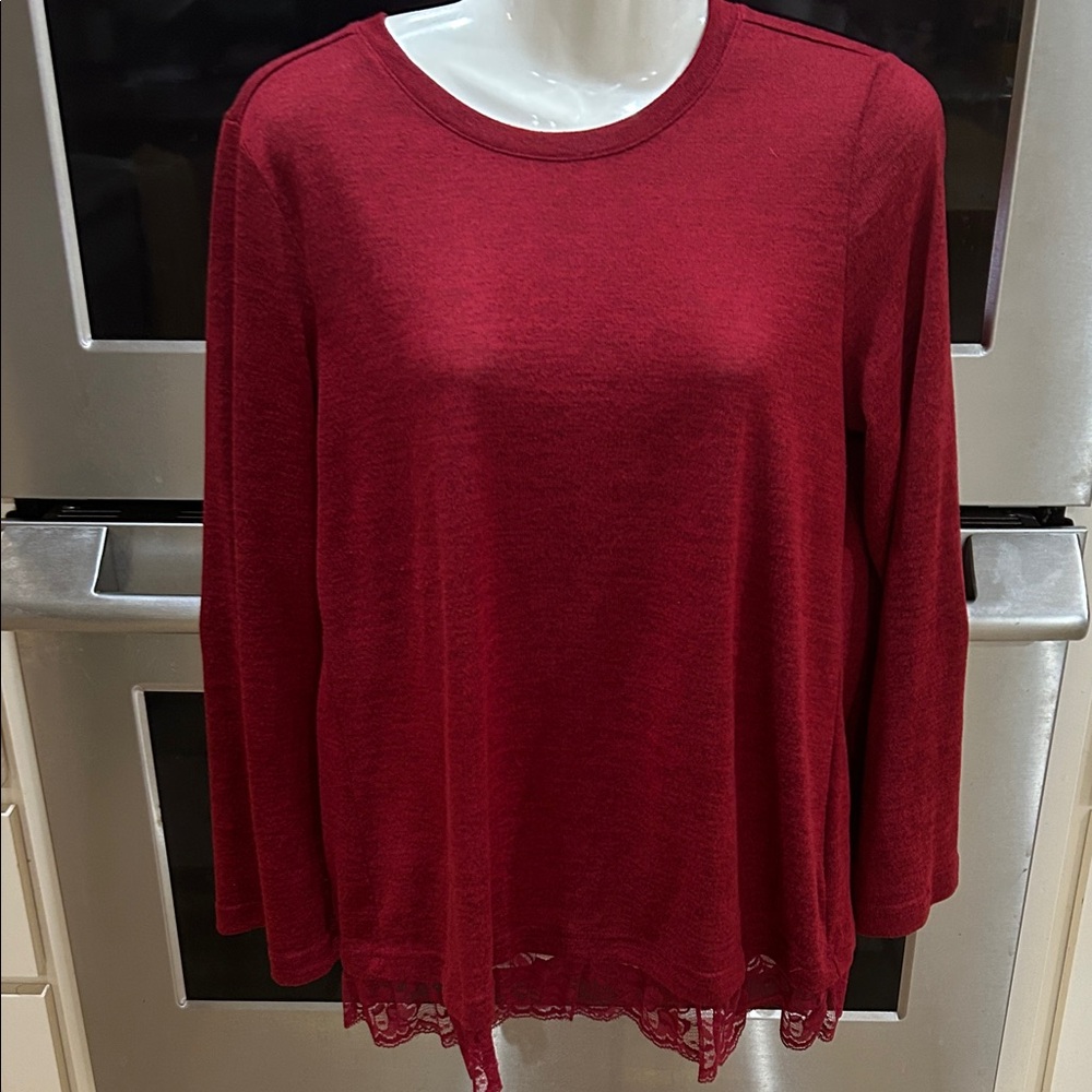 DG2 by Diane Gilman Red Long Sleeve Top with Lace Hem